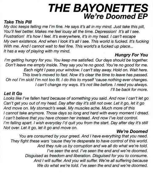 The Bayonettes - We're Doomed EP 7" (Deranged RecordsVinyl, 7", EPMint (M))