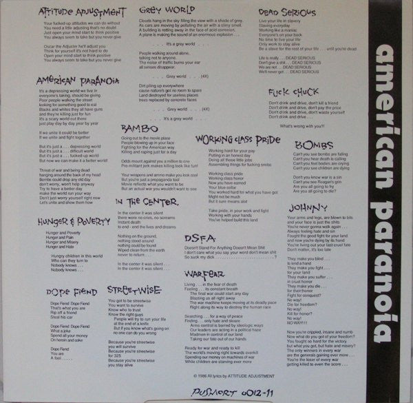 Attitude Adjustment : American Paranoia (LP, Album)