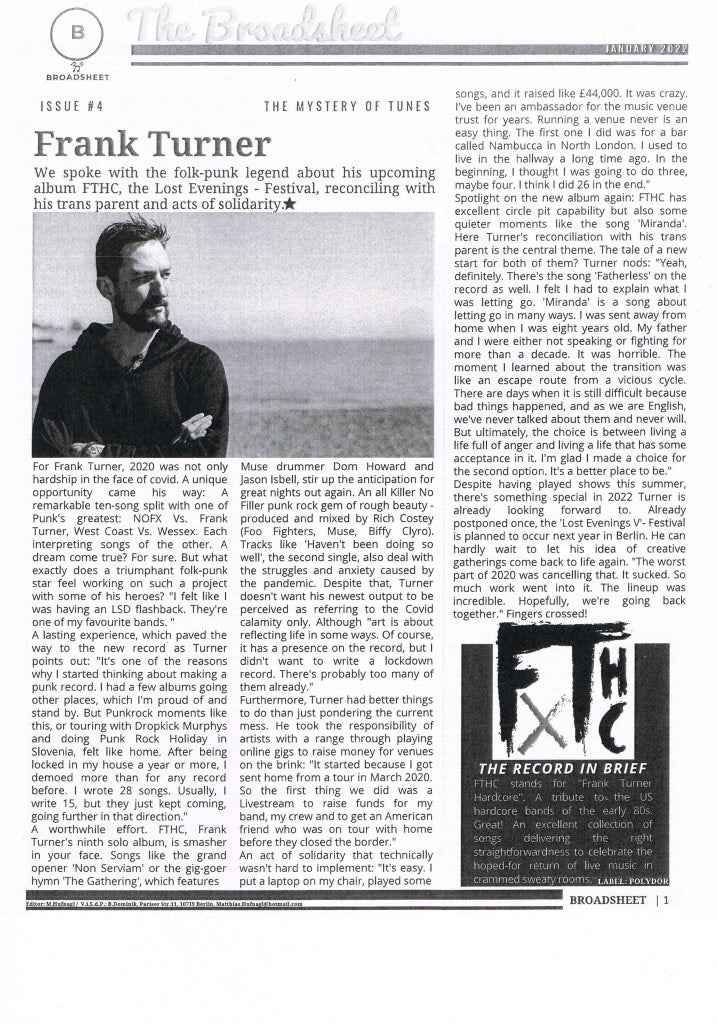 Broadsheet Fanzine Ausgabe 4 - mit Frank Turner & Katie Schecter - Englisch (GRATIS)