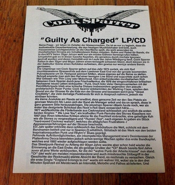 Cock Sparrer : Guilty As Charged (LP, Album, Num, Promo, W/Lbl, Blu)
